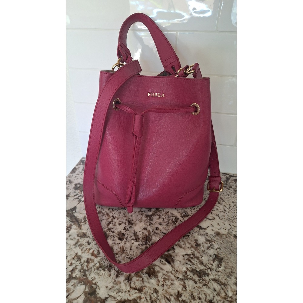 Furla Stacy Magenta Saffiano Leather Drawstring Bucket Bag with Pouch Pink